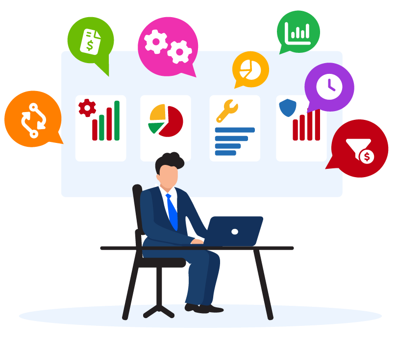 Image design showing user with Zoho Analytics tools
