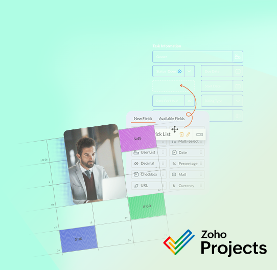 Zoho Projects Logo and image of calendar and tasks fields features
